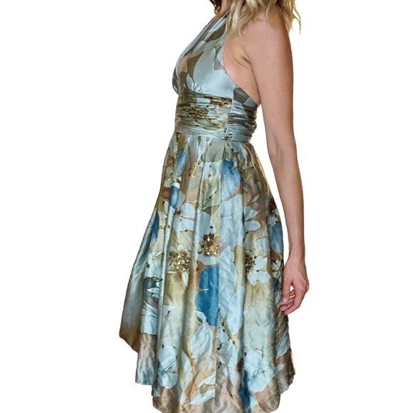 Adrianna Papell 100% Silk Halter Tie Dress Green Blue Brown Women's size 4 - Picture 2 of 11